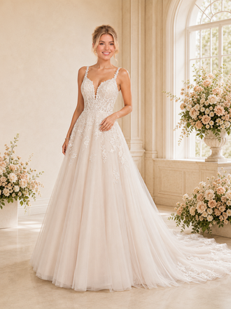ChicSew Elegant Spaghetti Straps A-Line Lace Tulle Floor-Length Wedding Dresses With Train