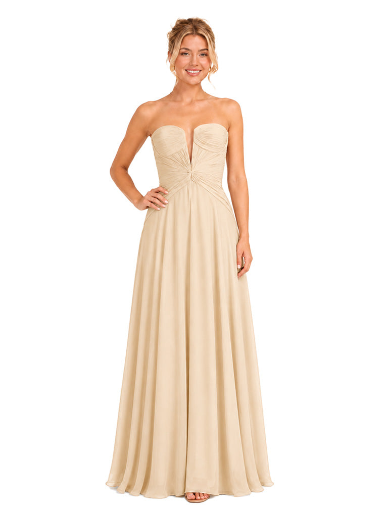 ChicSew Unique Strapless Plunging Sweetheart Chiffon A-Line Pleated Long Bridesmaid Dresses