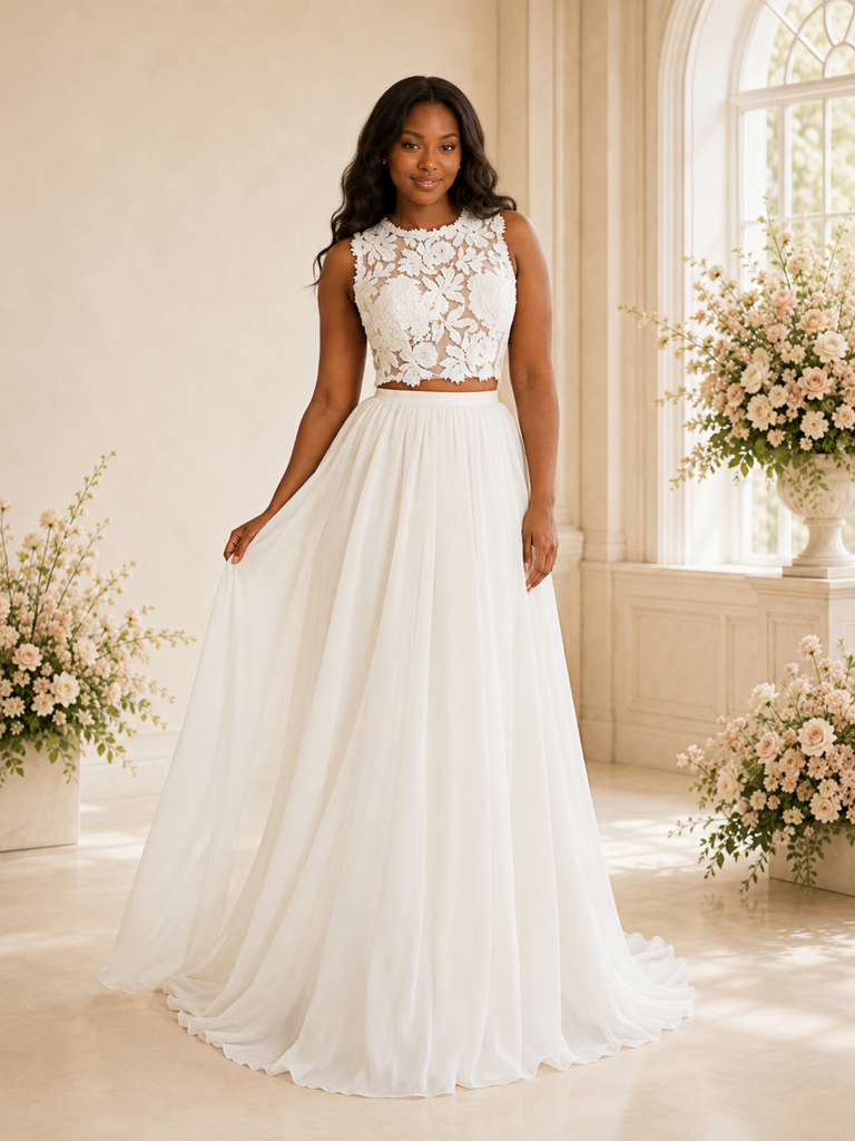 ChicSew Elegant Two Piece A-Line Jewel Sleeveless Lace Chiffon Maxi Wedding Dress