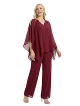 Elegant Chiffon Panusuit For Mother of the Bride With Cape Sleeves and Beaded V-Neckline
