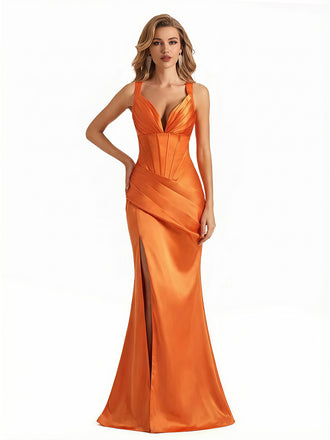 Sexy Deep V-Neck Silky Satin Mermaid Long Evening Gown Dresses For Women