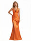 Sexy Deep V-Neck Silky Satin Mermaid Long Evening Gown Dresses For Women