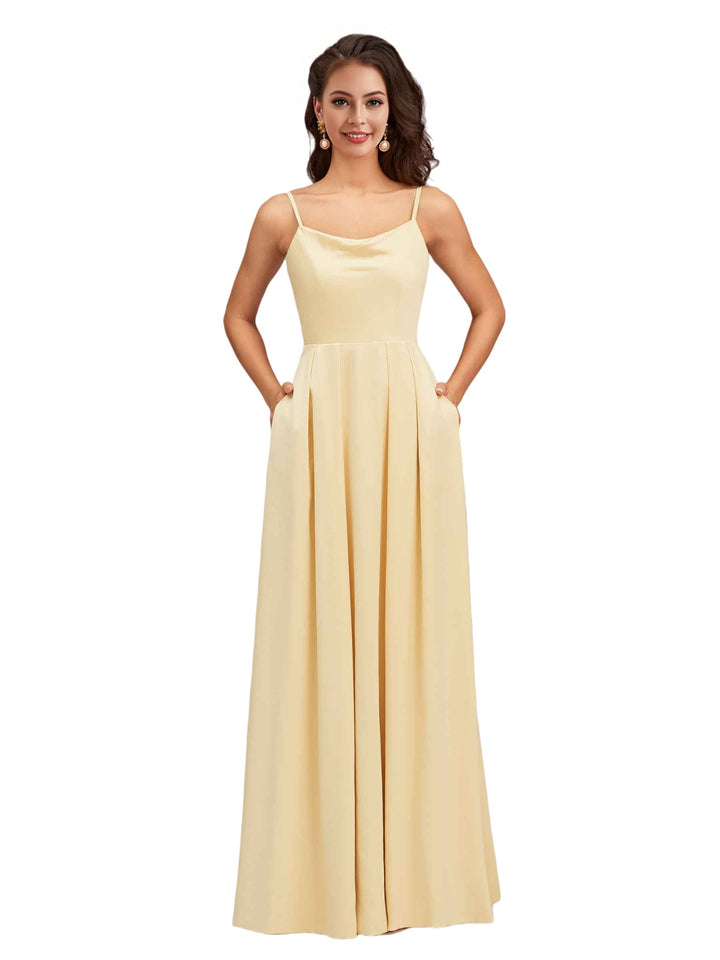Elegant Spaghetti Straps Sleeveless Soft Satin A-Line Bridesmaid Dresses With Pocket