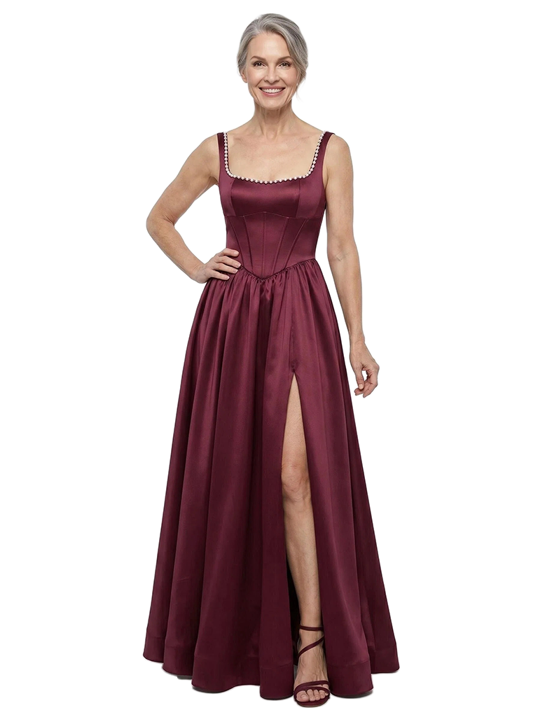 ChicSew Spaghetti Straps Square Soft Satin Boning Floor-Length A-Line Mother of the Bride Dress