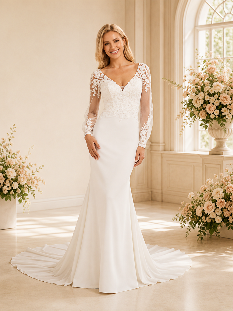 ChicSew Fancy V-Neck Crepe Mermaid Lace Long Sleeves Maxi Wedding Dress With Train