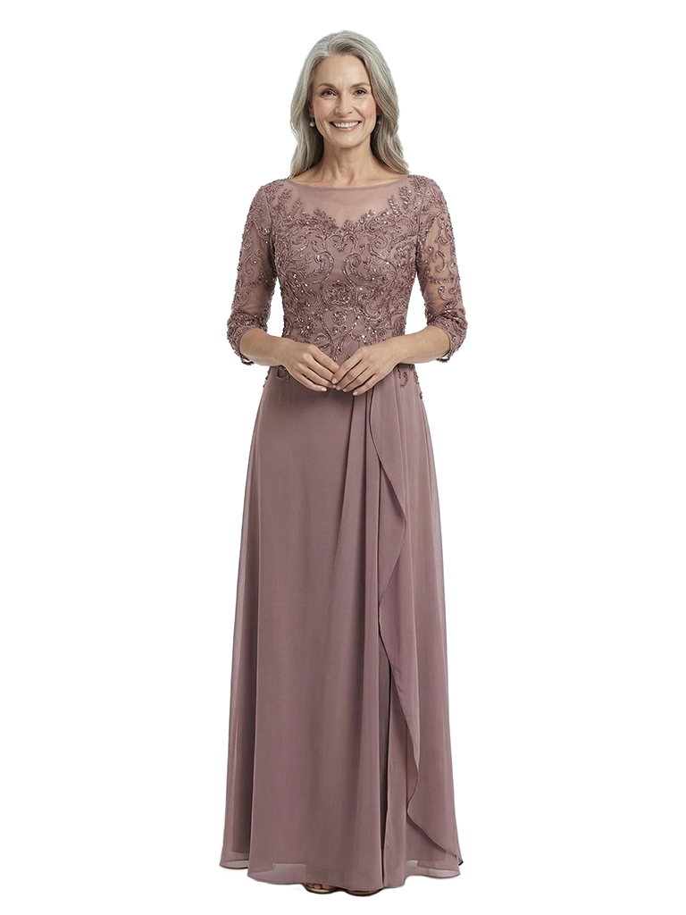 ChicSew Beautiful Illusion Lace Long Sleeve Chiffon Long Mother Of The Bride Dresses With Ruffle