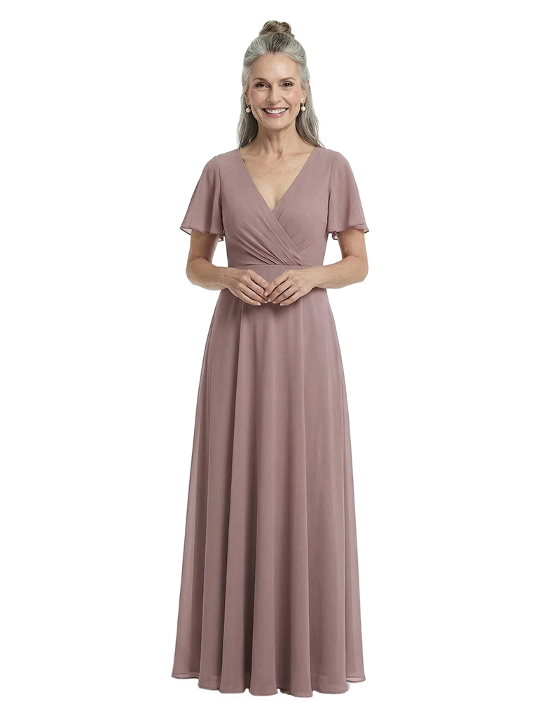 ChicSew Pretty Flutter Sleeves V-Neck Chiffon Ruched A-Line Mother Of The Bride Dresses