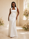 ChicSew Fancy Unique Square Neck Ruched Sleeveless Mermaid Satin Long Wedding Dress