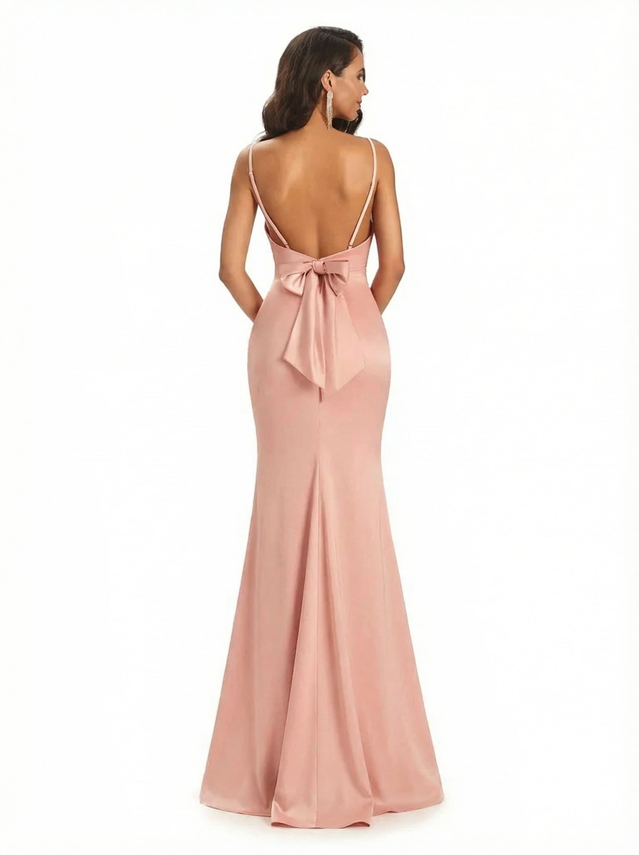 Sexy V-Neck Spaghetti Straps Silky Satin Mermaid Long Formal Dresses