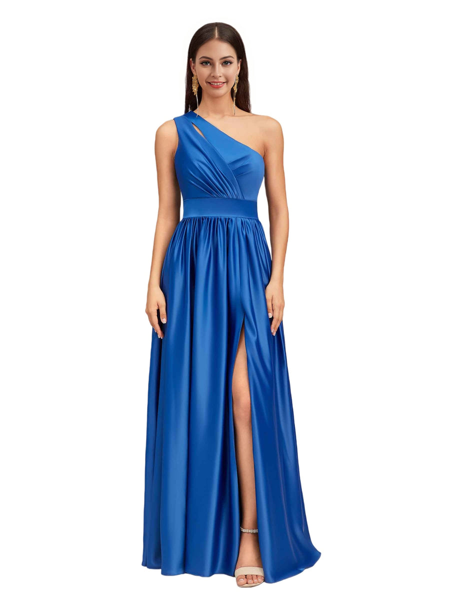 Elegant One Shoulder A-Line Side Slit Soft Satin Pretty Long Bridesmaid Dresses