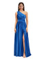 Elegant One Shoulder A-Line Side Slit Soft Satin Pretty Long Bridesmaid Dresses