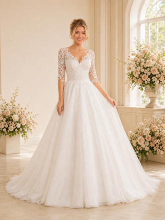 ChicSew Elegant Modern V-Neck A-Line Half Sleeves Lace Tulle Floor-Length Wedding Dresses With Applique