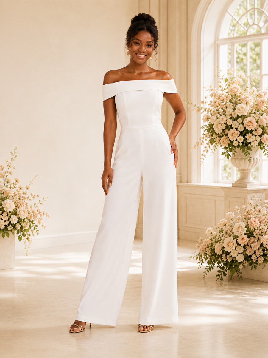 ChicSew Modern Simple Off The Shoulder Crepe Floor-Length Wedding Jumpsuit