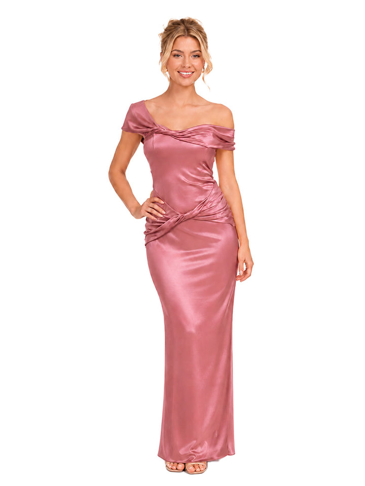 ChicSew Unique Short Sleeve Off Shoulder Soft Satin Mermaid Floor Length Bridesmaid Dresses