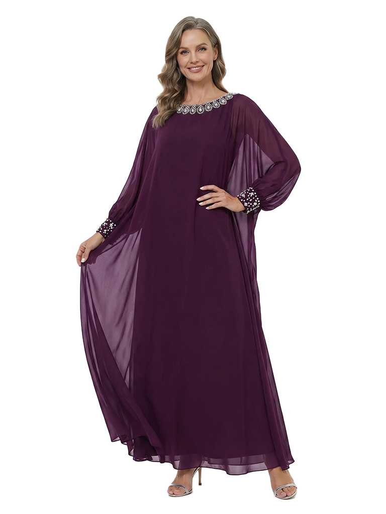 ChicSew Scoop Long Sleeves Beaded Chiffon A-Line Mother Of The Bride Dresses Classy Formal Gowns