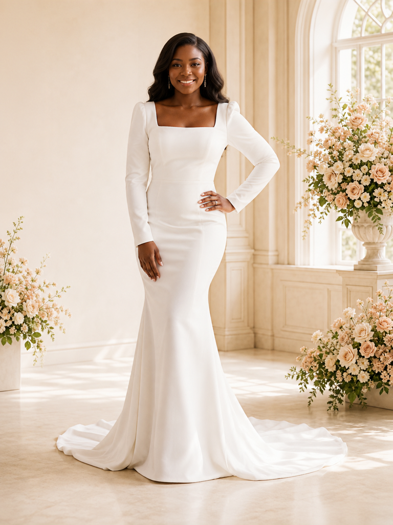 ChicSew Elegant Square Neck Long Sleeves Crepe Mermaid Maxi Wedding Dress