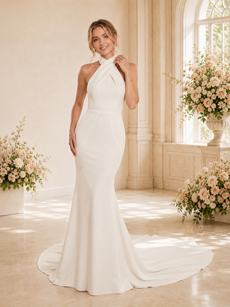 ChicSew Sexy Halter Crepe Mermaid Open Back Floor-Length Wedding Dress