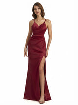Sexy Mermaid Ruching Spaghatti Straps Side Slit Silky Satin Maxi Evening Gowns For Ladies