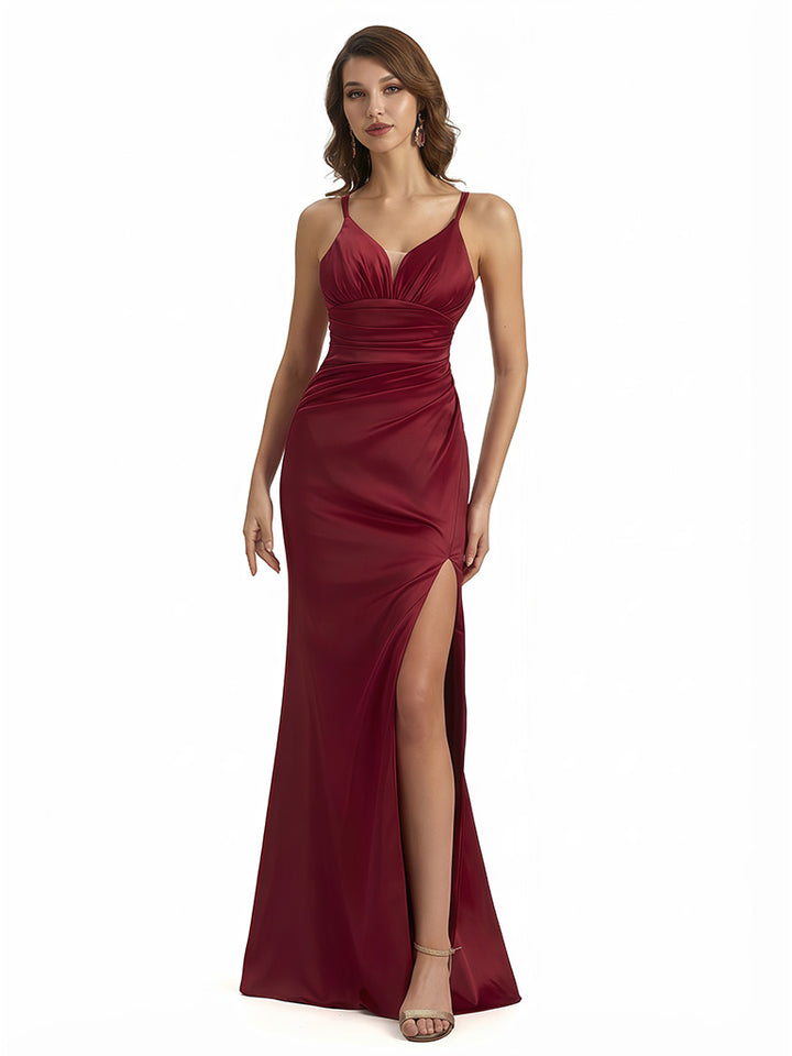 Sexy Mermaid Ruching Spaghatti Straps Side Slit Silky Satin Maxi Evening Gowns For Ladies