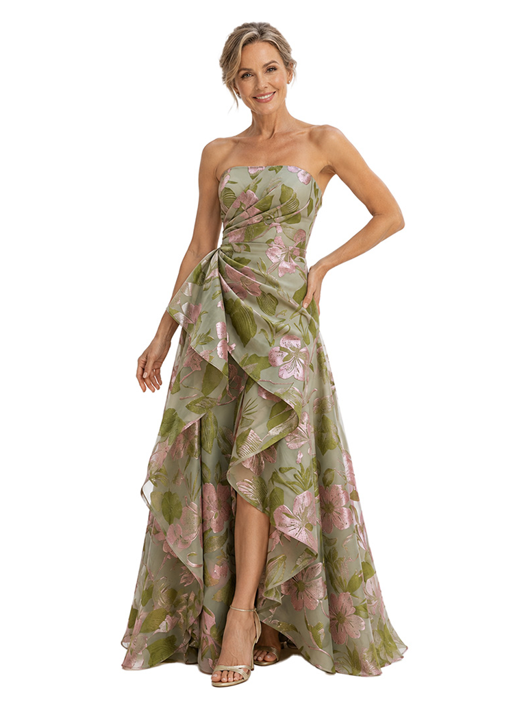 Chicsew Elegant Floral Strapless Ruched A-Line Long Mother of The Bride Dresses