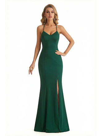 Sexy Spaghetti Straps V-Neck Mermaid Jersey Side Slit Long Formal Dresses For Women