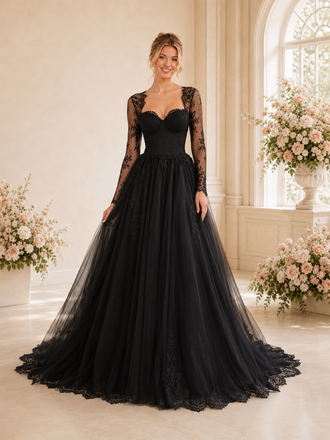 ChicSew Unique Sweetheart Lace Tulle Long Sleeves A-Line Maxi Long Wedding Dresses