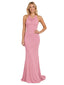 ChicSew Halter Sleeveless Open Back Jersey Mermaid Floor-Length Bridesmaid Dress For Wedding