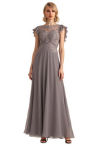 Elegant Flutter Sleeves Lace Applique Chiffon A-line Long Mother of The Bride Dresses