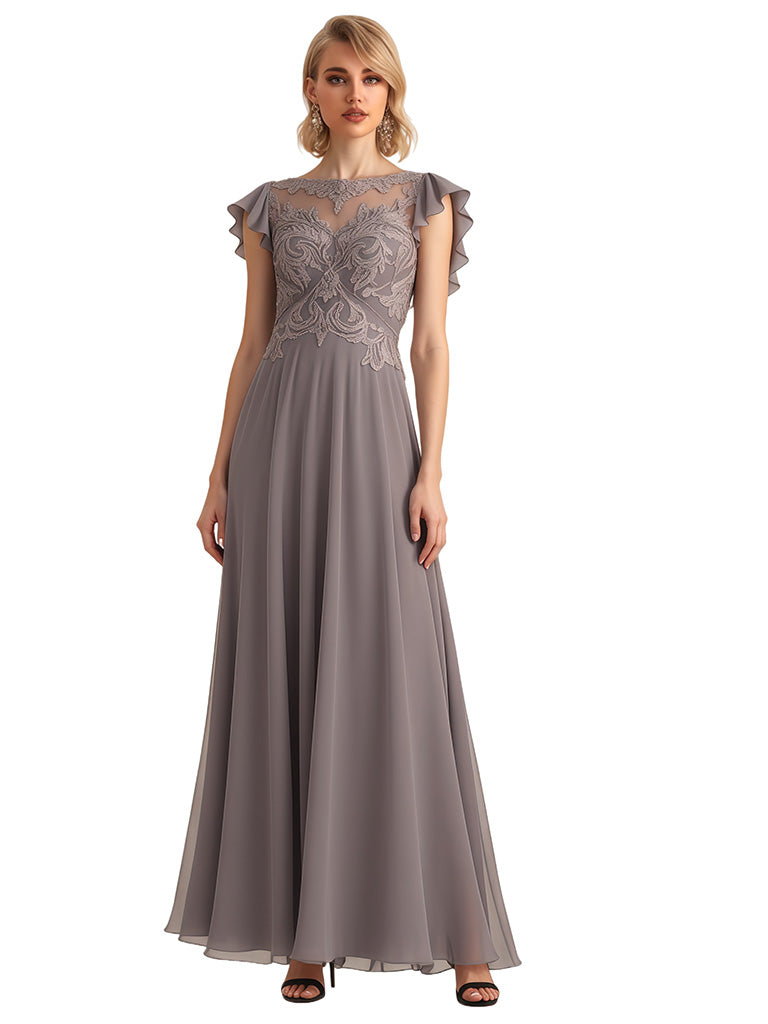 Elegant Flutter Sleeves Lace Applique Chiffon A-line Long Mother of The Bride Dresses