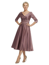 ChicSew V-Neck 3/4 Sleeve Satin Ruched Tea Length Elegant Mother of the Bride Dresses