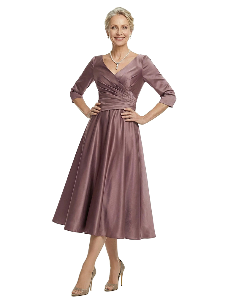 ChicSew V-Neck 3/4 Sleeve Satin Ruched Tea Length Elegant Mother of the Bride Dresses