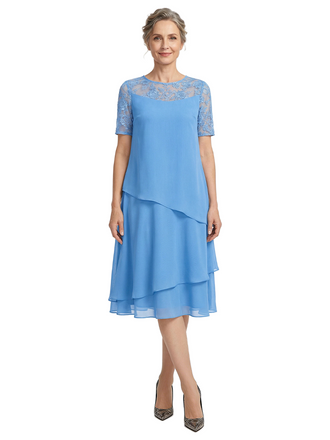 ChicSew Jewel Short Sleeve Lace Overlay Layered Chiffon Midi Length Casual Mother of the Bride Dresses