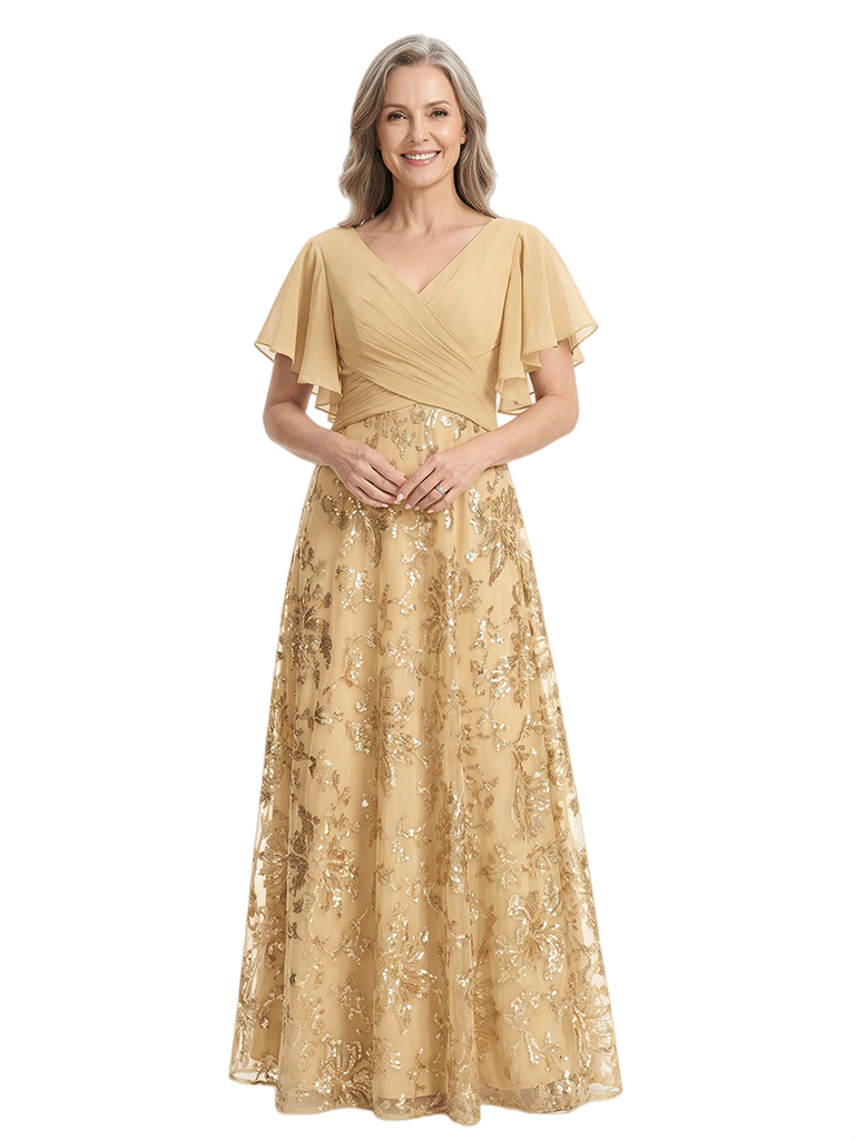 ChicSew V-Neck Short Sleeves Sequin Ruched A-Line Floor Length Chiffon Elegant Mother Of The Bride And Groom Dresses