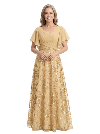 ChicSew V-Neck Short Sleeves Sequin Ruched A-Line Floor Length Chiffon Elegant Mother Of The Bride And Groom Dresses