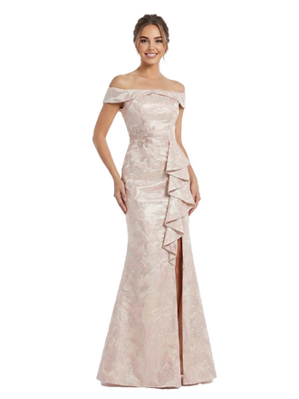 Elegant Off The Shoulder Ruffle Floral Jacquard Side Slit Mermaid Long Formal Dresses