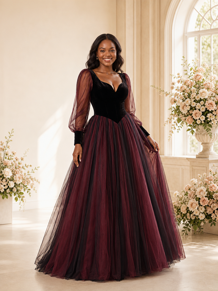 ChicSew Elegant A-Line V-Neck Long Sleeves Velvet Tulle Maxi Wedding Dress