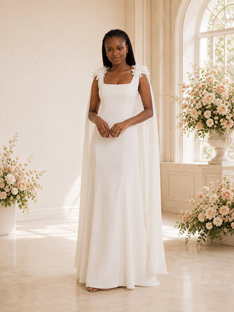 ChicSew Fancy Square Neck Crepe Mermaid Floor-Length Wedding Dress With Tulle Cape Sleeves