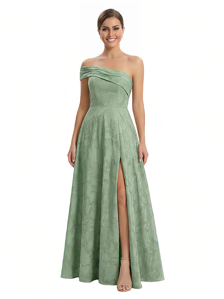 Elegant One Shoulder Floral Burnout Chiffon A-Line Formal Evening Dresses Side Slit