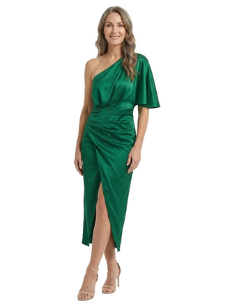 ChicSew Asymmetric Short Sleeve Soft Satin Ruched Tea-Length Mermaid Mother of the Bride Dresses