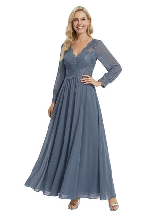Stylish Mother of The Bride Dresses Unique V-Neck Long-Sleeve Lace Chiffon Formal Bridal Event Dress