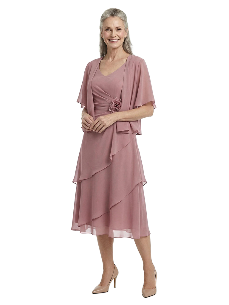 ChicSew Fancy Ruched A-Line V-Neck Mother Of The Bride Tea-Length Dress With Jacket