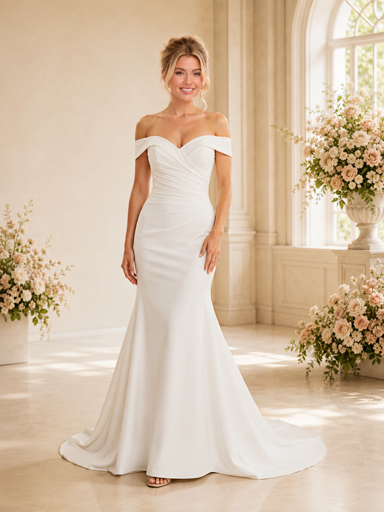 ChicSew Fancy Off The Shoulder Ruching Sleeveless Mermaid Crepe Long Wedding Dress