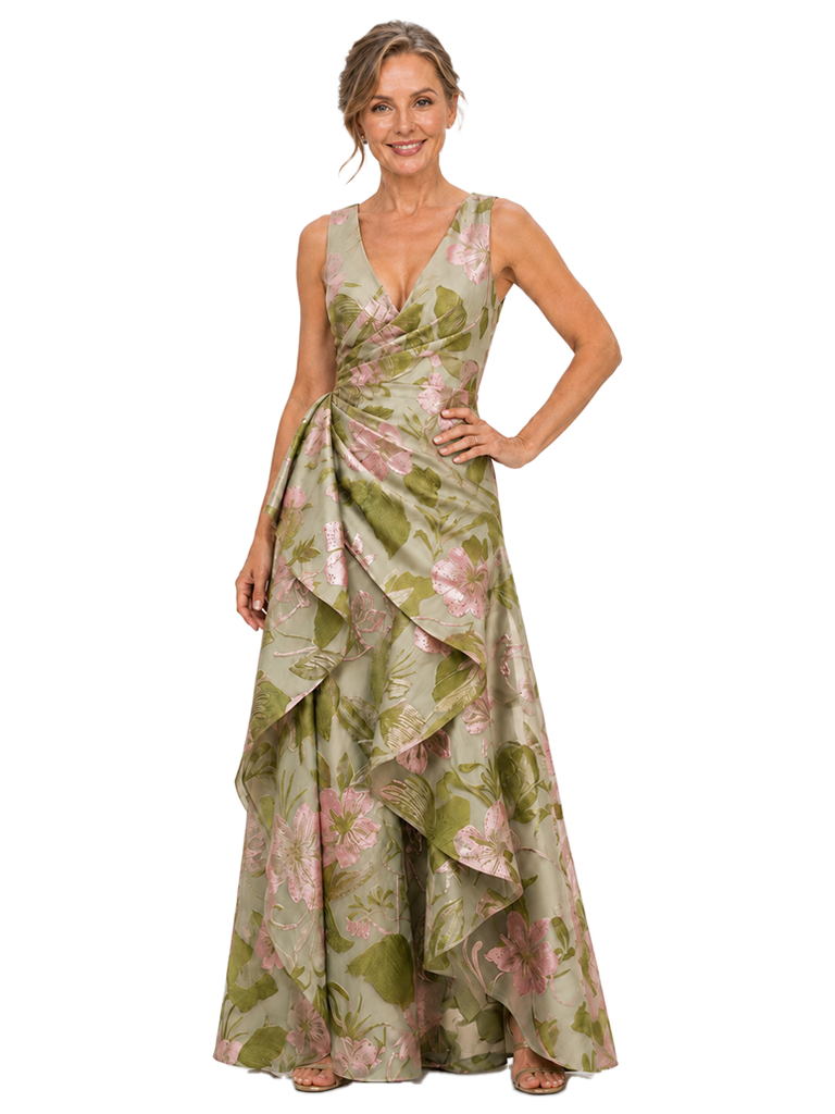 Chicsew Elegant Floral V-Neck Ruched A-Line Long Mother of The Bride Dresses