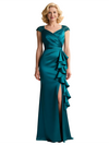 Classy Satin Lace Cap Sleeves Side Slit Evening Gown For Mother Of The Bride With Ruffle