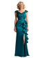 Classy Satin Lace Cap Sleeves Side Slit Evening Gown For Mother Of The Bride With Ruffle