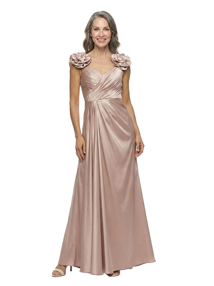 ChicSew Elegant Rosette Shoulder V-Neck Silky Satin A-Line Ruched Mother Of The Bride Gowns Floor Length