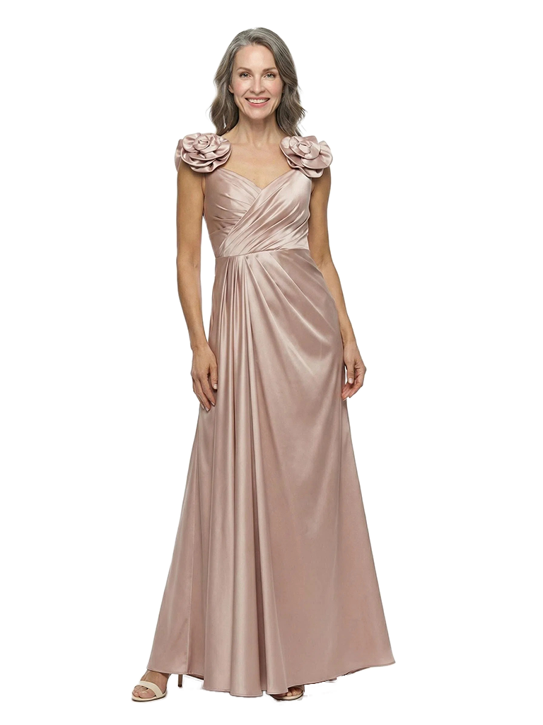 ChicSew Elegant Rosette Shoulder V-Neck Silky Satin A-Line Ruched Mother Of The Bride Gowns Floor Length