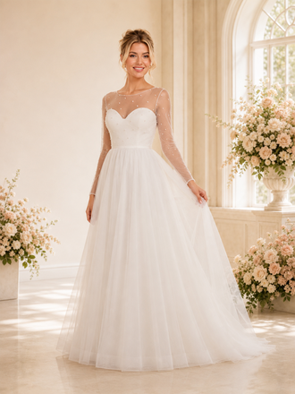 ChicSew Elegant Illusion Lace Tulle Long Sleeves A-Line Floor-Length Wedding Dresses