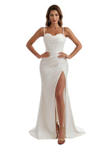 Sexy Sweetheart Mermaid Silky Satin Long Bridesmaid Dresses Slit Spaghetti Straps
