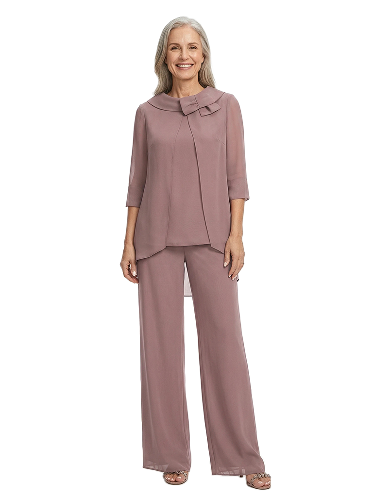 ChicSew 3/4 Sleeves Bow Detail Chiffon Mother of The Bride Jumpsuit